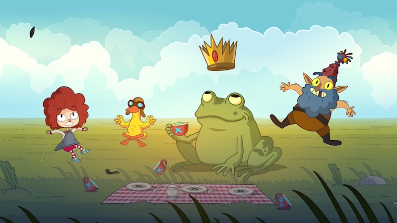 A screenshot of the game. It looks like a cartoon show. Several characters sit around a picnic blanket: a red haired girl, a duck, a frog and a gnome.